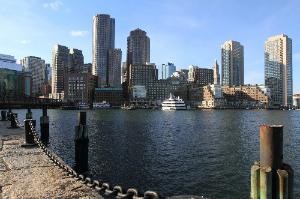 A view of the Boston skyline from Harborwalk, Boston, Massachusetts.
