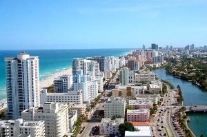 An aerial view  of Miami Beach, Miami, Florida.