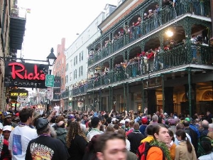 New Orlean's Bourbon Street during the Mardi Gras celebration.