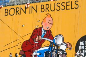 Tintin poster, celebrating his 'birthplace,' Brussels, Belgium.