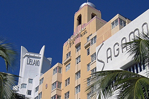 Boutique hotels along Collins Avenue in Miami's South Beach neighborhood.