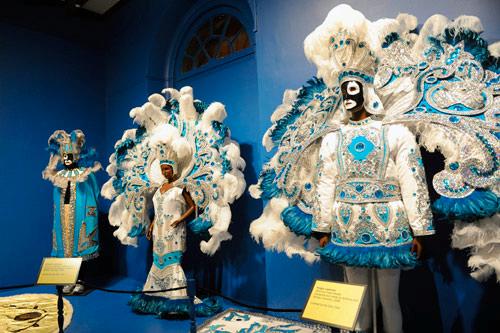 Mardi Gras costumes on display at the Presbytere.