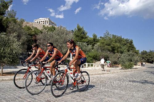 Cyclists in front of the Acropolis, Athens
