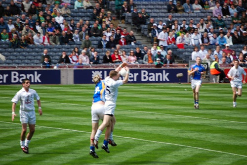 Gaelic football being played in Croke Park Stadium, just outside Dublin city center. Photo by <a href="http://www.frommers.com/community/persona.html?UID=730764&plckUserId=730764&plckPersonaPage=PersonaGalleryPhoto&plckPhotoID=e9f5ede8-5efd-40a2-b3e7-caaecd40ef6c" target="_blank">Wendy L/Frommers.com Community</a>.