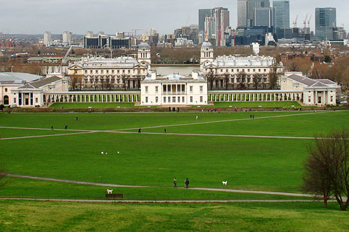 A view of the National Maritime Museum from atop the Royal Observatory in Greenwich.