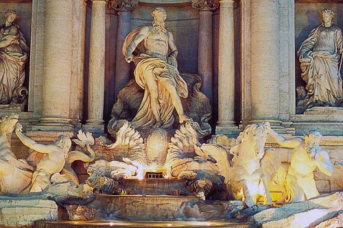 The illuminated Fontana di Trevi (Trevi Fountain) in Rome