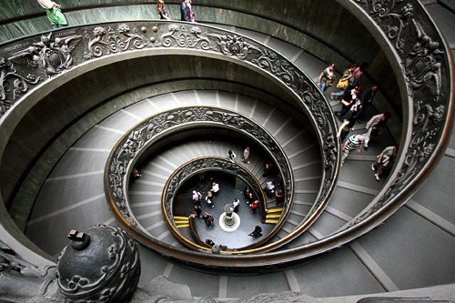 The elaborate spiral staircase inside the Vatican Museum, Rome, Italy.