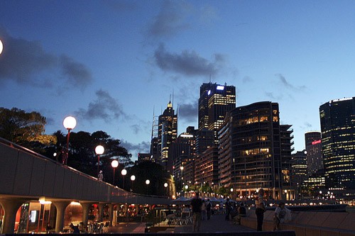 View of the Opera Bar's outdoor terrace and the Sydney skyline.