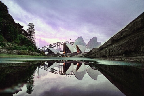 The Sydney Opera House reflected in a puddle during a summer sunrise.