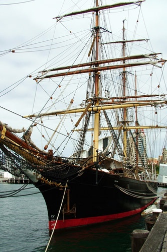 The James Craig docked in Sydney Harbour.