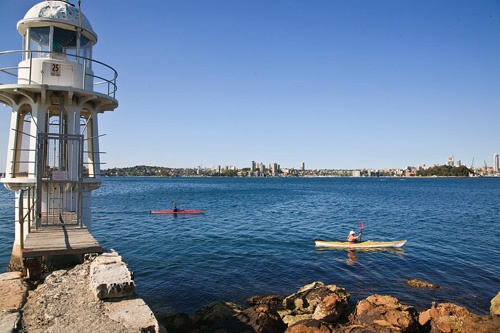 Kayaking in Sydney Harbour by the Cremorne Point Lighthouse.