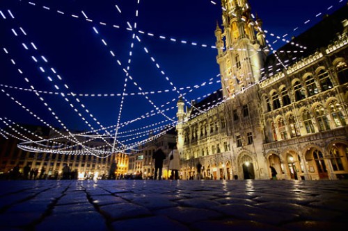 The Grand Place with H&ocirc;tel de Ville lit at night,Brussels, Belgium.