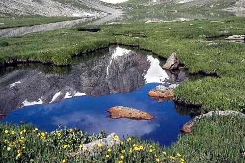 A reflection as seen in a valley basin atop Mount Evans in the Colorado Rockies. Courtesy Colorado Tourism