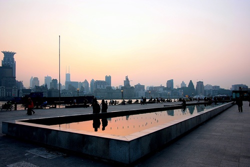 The Shanghai Bund, watched from Pudong at sunset.