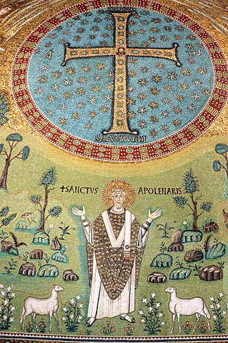 Sant'Apollinare's apse mosaics depict the eponymous saint, Ravenna's first bishop.