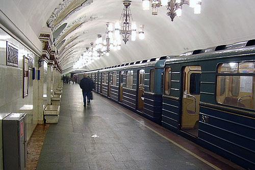 Chandeliers in the Kievskaya Metro station in Moscow.