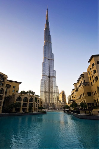 The Burj Khalifa tower and surrounding buildings in Dubai.