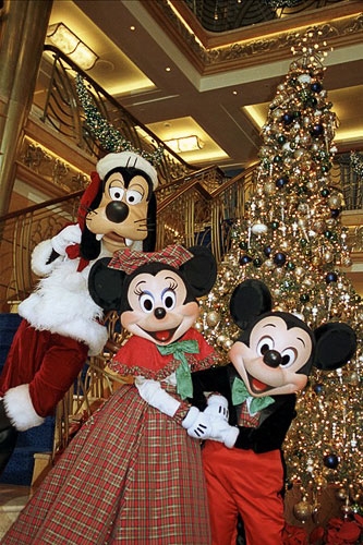 Disney cruise ship lobby at Christmas