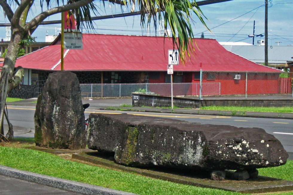 The Naha Stone is said to have been moved by King Kamehameha I to demonstrate his strength. It sits outside the Hilo Public Library.