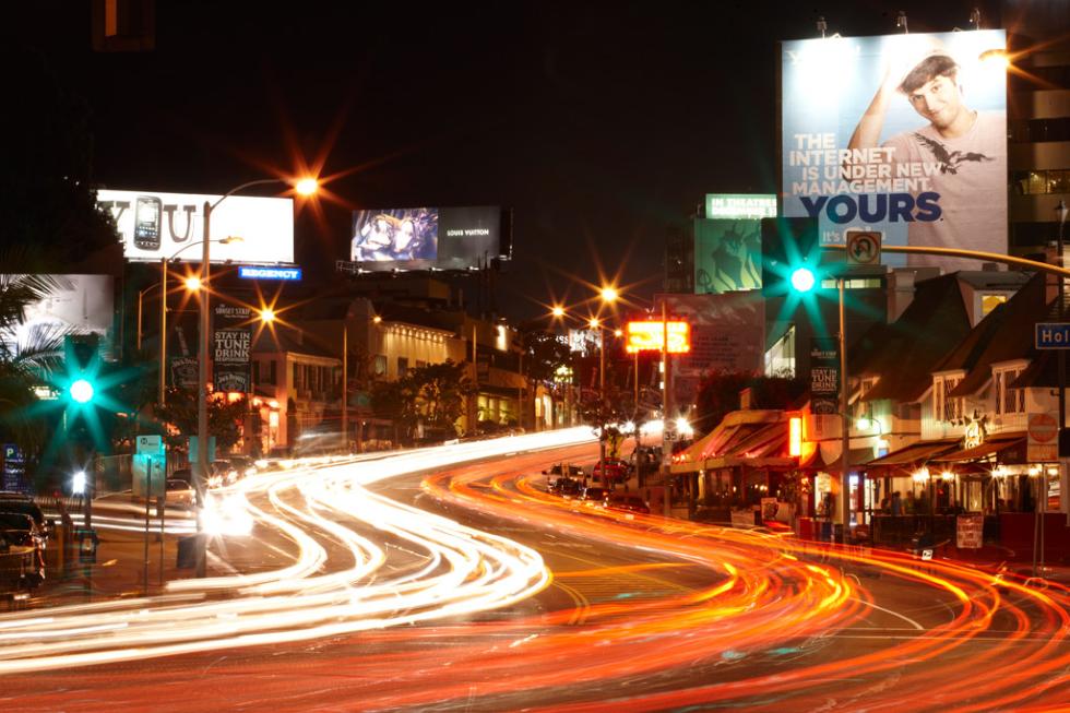 Sunset Boulevard at night, Los Angeles, California.