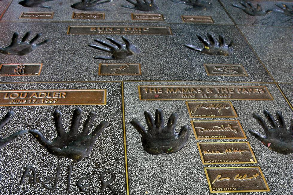 Handprints of musicians and drummers outside Guitar Center's Rock Walk in Hollywood.