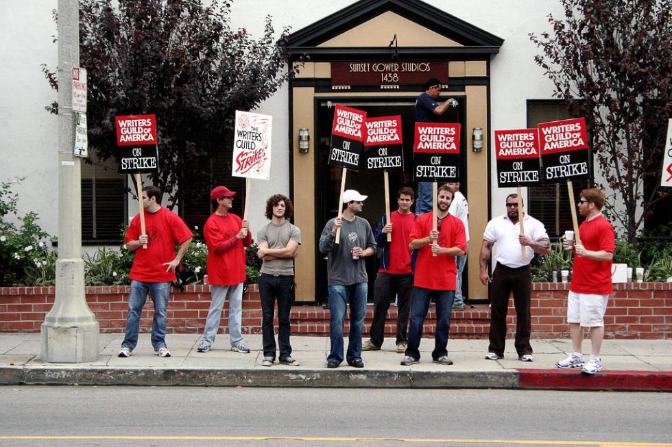 Writers on strike outside the famous Sunset-Gower studios in the Hollywood section of Los Angeles, CA