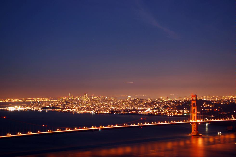 The Golden Gate Bridge at night in San Francisco, California.