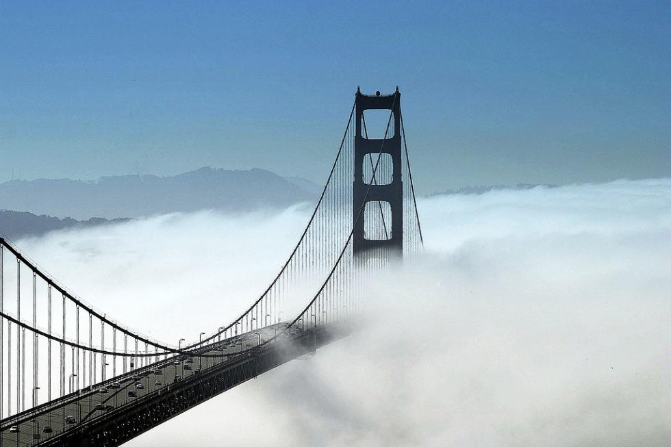 Fog covering the Golden Gate Bridge in San Francisco, California.