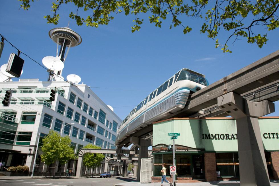 Seattle's monorail runs past the Space Needle.