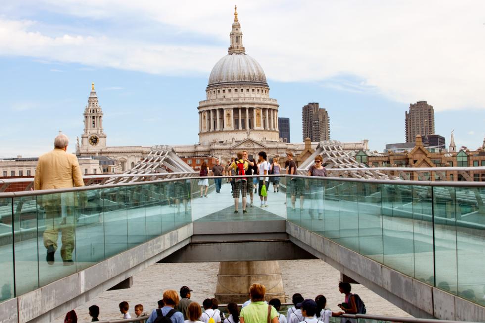View of St. Paul's from the Millennium Bridge in London, England.