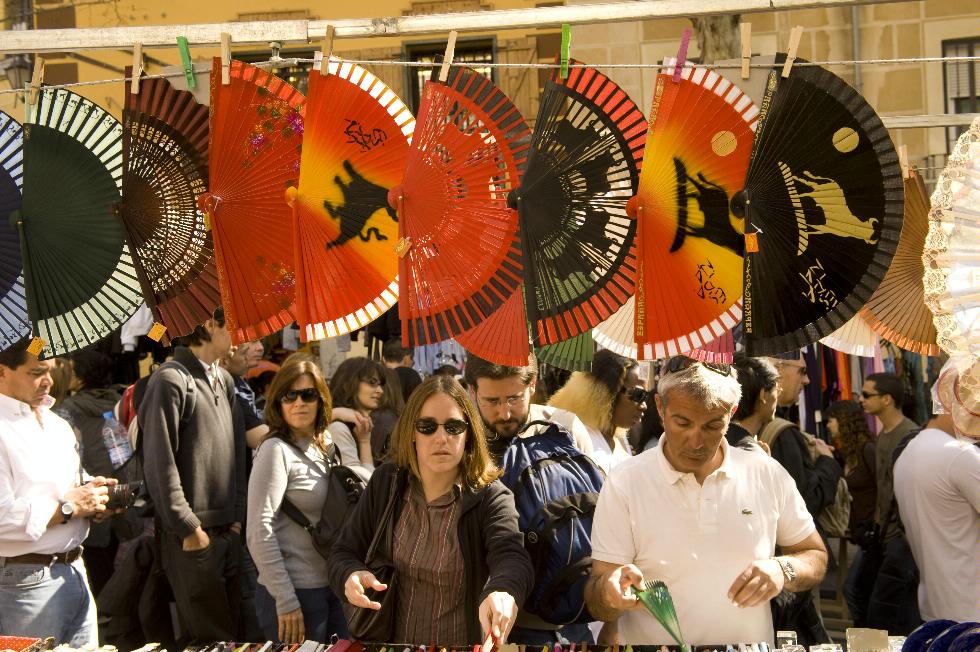 Crowds at El Rastro flea market in Madrid, Spain