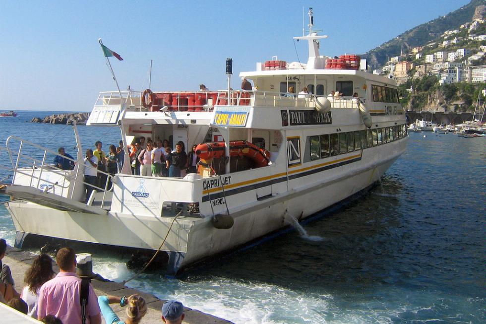 Catching a ferry to Positano from Naples, Italy.