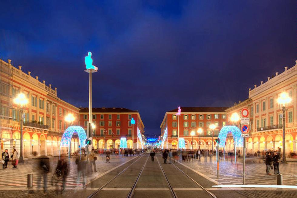 Place Masséna in Nice, France at night.