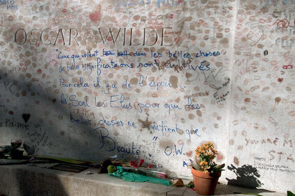 Oscar Wilde's grave at Père-Lachaise cemetery in Paris, France.