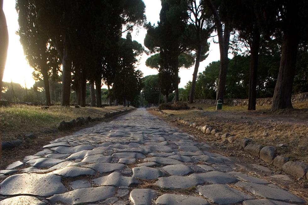 The ancient paving stones of the Appian Way, Rome, Italy.
