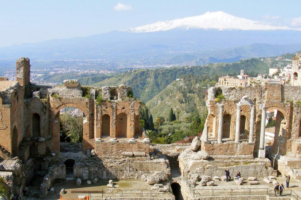 A view of Taormina, Sicily from the Greek Theatre.