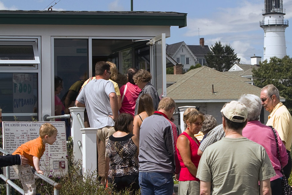 Patrons in line for lunch at Two Lights in Cape Elizabeth, ME.