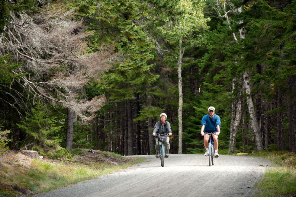 Mountain biking through Acadia National Park, Maine.