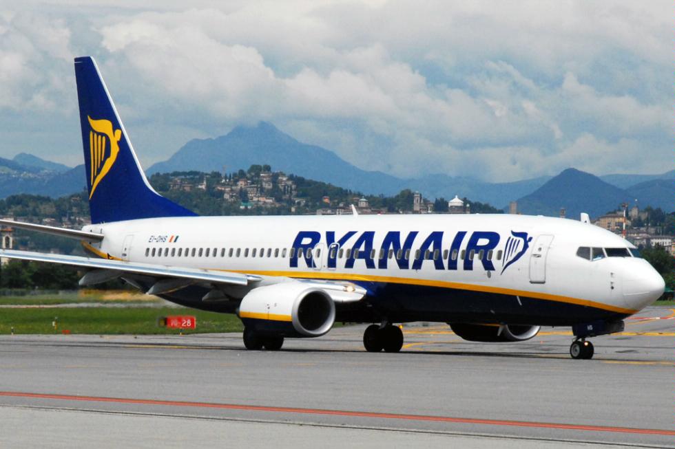 A Ryanair flight on the runway at Orio al Serio Airport, Bergamo, Italy.
