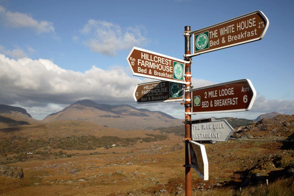 The Kerry signpost at Moll's Gap in Ireland.