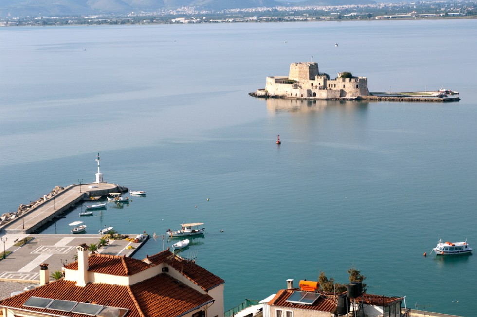 Nafplion, Greece, with the castle of Bourtzi in the harbor.