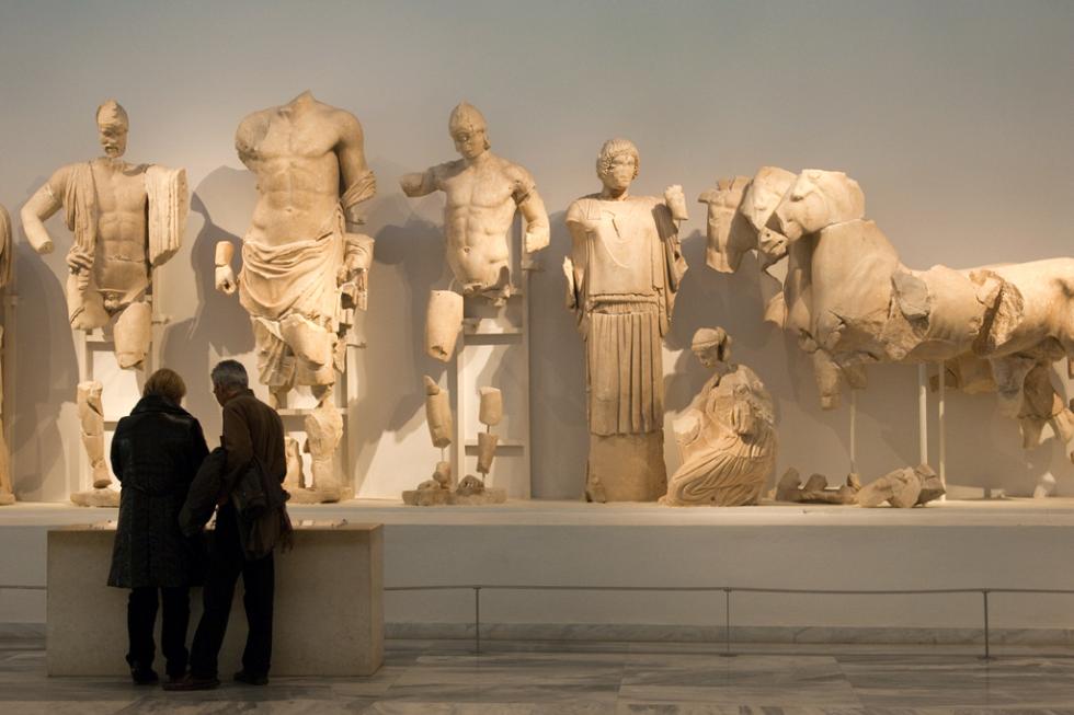 Olympia's Archaeological Museum shows off sculpture from the site's many temples. Olympia, Peloponnese, Greece.