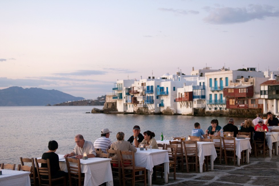 Waterside cafes in Little Venice, Mykonos.
