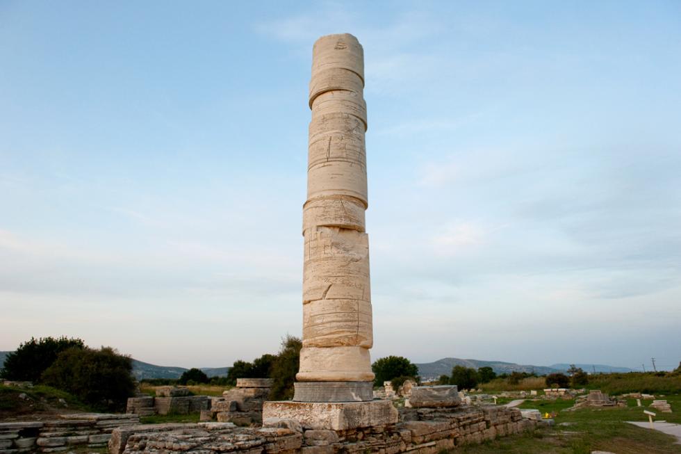 A lone column is all that remains of the Heraion, a temple devoted to Hera in Samos, Greece.