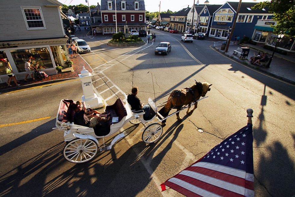 A horse-drawn carriage inDock Square in Kennebunk, ME.