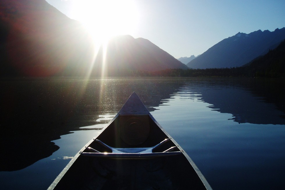 Canoeing on Lake Chelan, near Stehekin in North Cascades National Park.