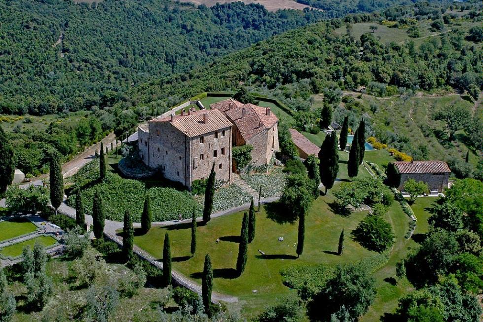 Aerial view of Castello di Vicarello and vineyard, in Cinigiano.