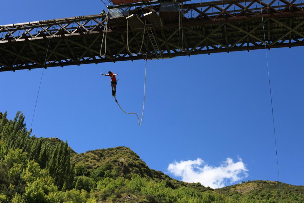 Bungee jumping from the Kawarau Suspension Bridge at AJ Hackett Bungy in Queenstown, New Zealand.