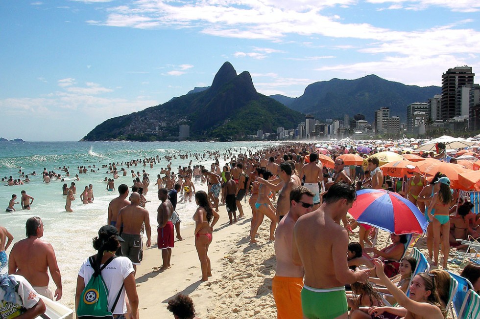 Crowded Ipanema Beach on a Sunday in Rio de Janeiro.