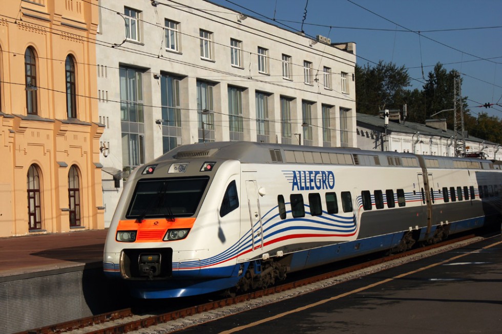 The Allegro train, which runs between Helsinki and St. Petersburg, Russia, pulls up to a platform in St. Petersburg.